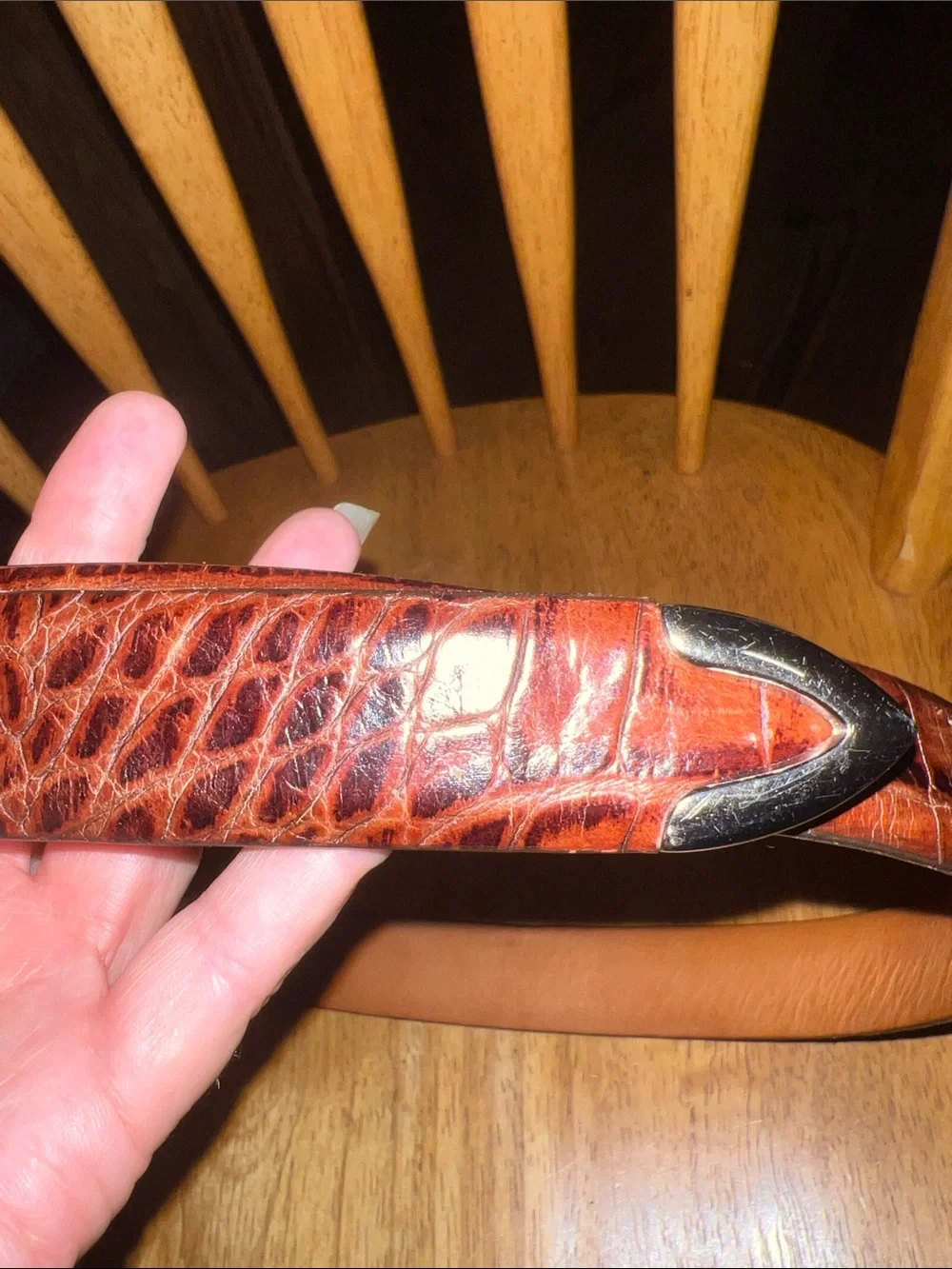 Vintage Martin Dingman Brown Croc-Texture Leather Belt with Silver Buckle 42